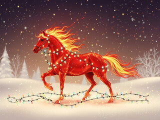 Year of red fire horse is coming glowing red horse with fiery mane walks through snowy landscape wrapped in colorful lights, magical winter night scene heralds festive arrival of fire horse year