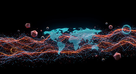 Abstract digital representation of a glowing blue world map emerging from a dynamic, undulating field of orange and blue data points and floating geometric shapes against a dark background