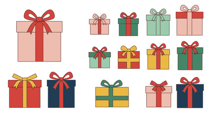 Collection of various gift boxes with ribbons, perfect for celebrations and special occasions.