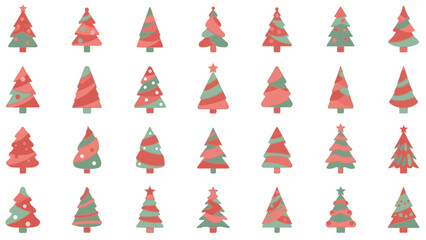 A collection of 30 stylized Christmas trees in various festive designs and colors.