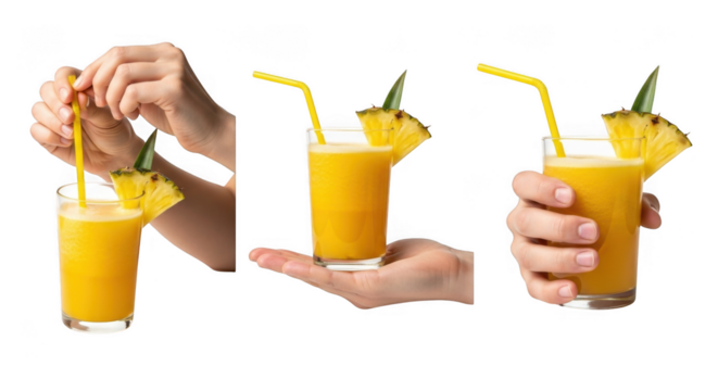 Three step process of preparing and holding a glass of fresh pineapple juice isolated on transparent background - Powered by Adobe
