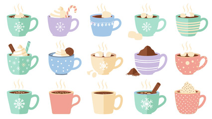 A vibrant collection of fifteen steaming hot chocolate mugs, each with unique designs and delicious toppings.