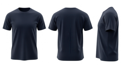 Three views of a plain navy blue short sleeve crew neck tshirt isolated on transparent background