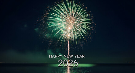 Night shot of a green firework exploding over water, with reflection. "Happy New Year 2026" text, symbolizing celebration and future event anticipation