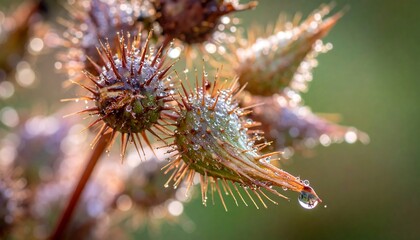 Close-up of spiky burrs covered in morning dew, glistening with sunlight against a soft, blurred green background