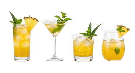 Four different pineapple and mint cocktails served in various glassware isolated on transparent background