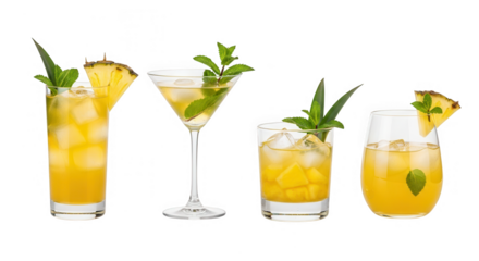 Four different pineapple and mint cocktails served in various glassware isolated on transparent background
