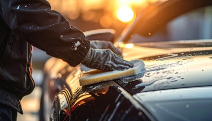 Close-up of a person's gloved hands meticulously washing a dark car with a sudsy sponge, illuminated by the warm glow of a golden hour sunset, emphasizing dedicated automotive cleaning