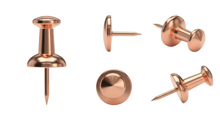 Multiple views of shiny copper push pins isolated on transparent background