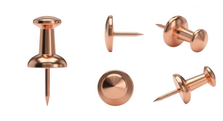 Multiple views of shiny copper push pins isolated on transparent background