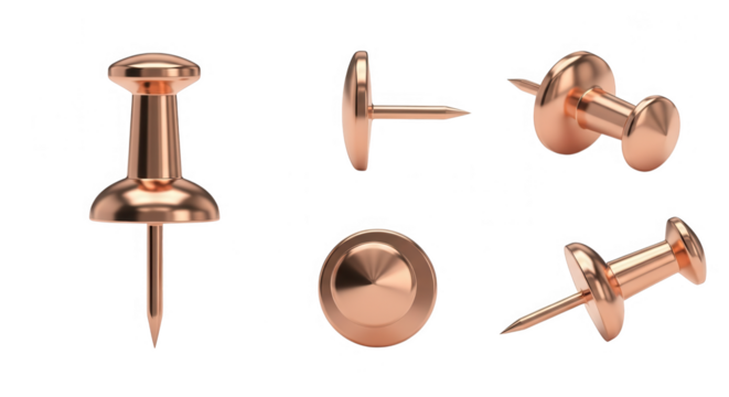 Multiple views of shiny copper push pins isolated on transparent background