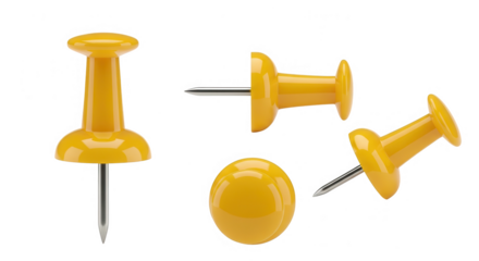 Multiple views of bright yellow plastic push pins with sharp metal point isolated on transparent background