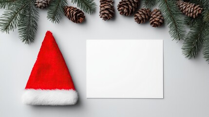 Christmas card mockup with white blank paper sheet and red santa hat on light gray background with pine cones and spruce branches