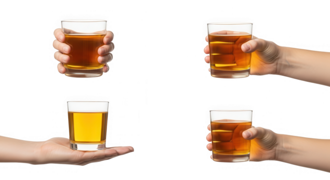 Four different views of a hand holding a glass of amber beverage isolated on transparent background