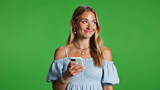 Young Woman in OffShoulder Top Using Smartphone with Various Expressions on Green Screen.