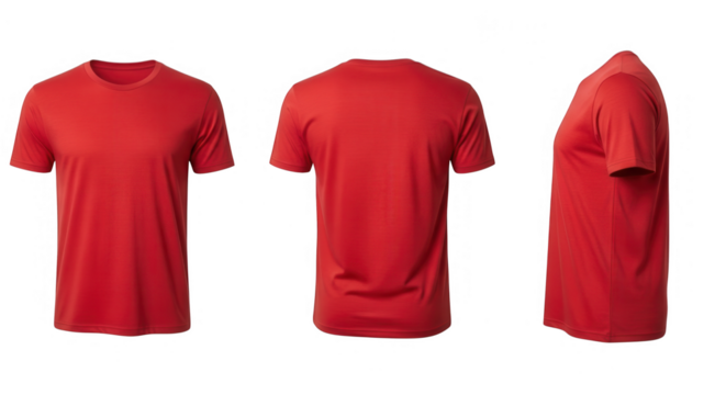 Three views of a plain red short sleeve crew neck tshirt isolated on transparent background