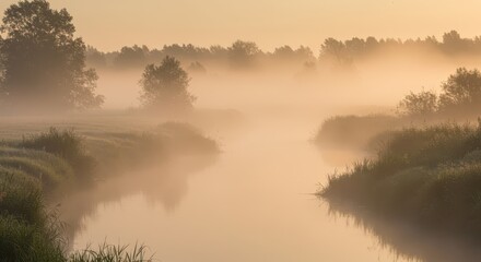 Dense morning mist envelops a tranquil river winding through a tree-lined meadow landscape