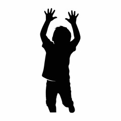Silhouette of a young child reaching up with both hands.