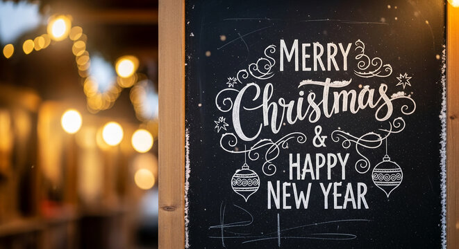 Black chalkboard with white festive lettering "Merry Christmas & Happy New Year" and ornaments, lights background, representing holiday greetings