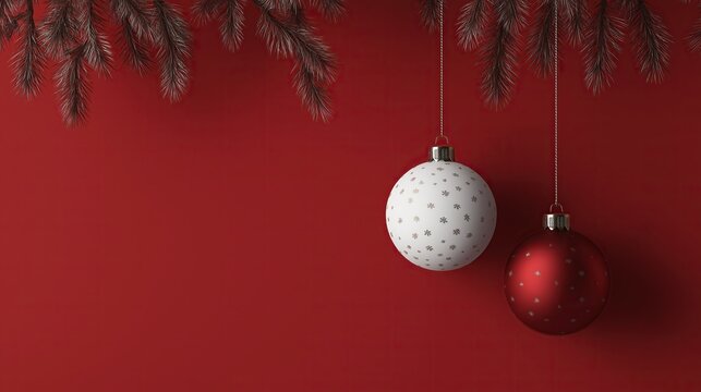 Two hanging white and red Christmas ornaments on right side with pine branches in top left corner against red background for holiday design - Powered by Adobe