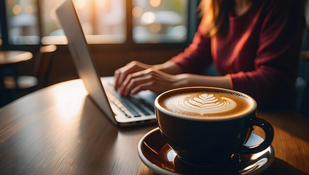 Woman working on laptop with latte art coffee in cafe with warm sunlight streaming through window - Powered by Adobe