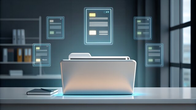 Digitally organize files with modern folder and glowing documents in sleek office