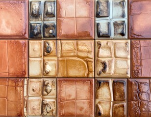 Close-up of square tiles with various textured surfaces in earthy brown and tan hues arranged in a grid pattern