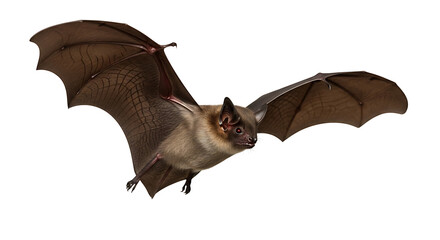 A single bat with brown fur and wings outstretched isolated on a white background in flight pose ai generated