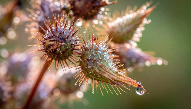 Dew-kissed burrs glisten in morning light, sharp thorns adorned with droplets. Verdant background blurs softly