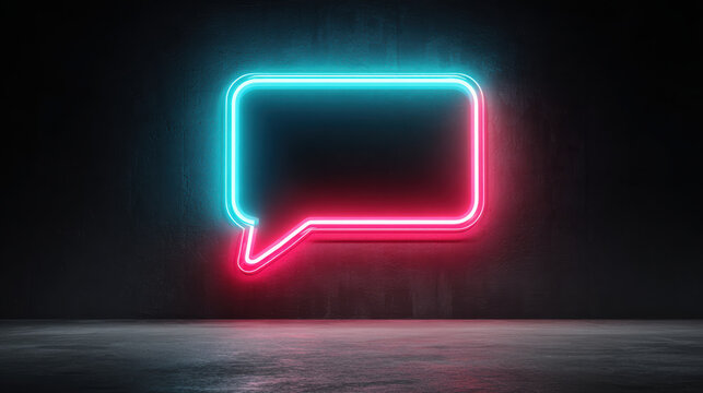 Glowing neon light speech bubble for communication and message on dark background. Modern blue and pink futuristic sign symbolizes silent talk