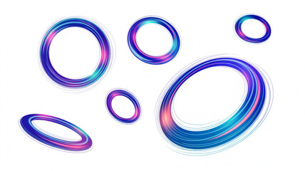 Vibrant glowing abstract rings, futuristic light trails on white