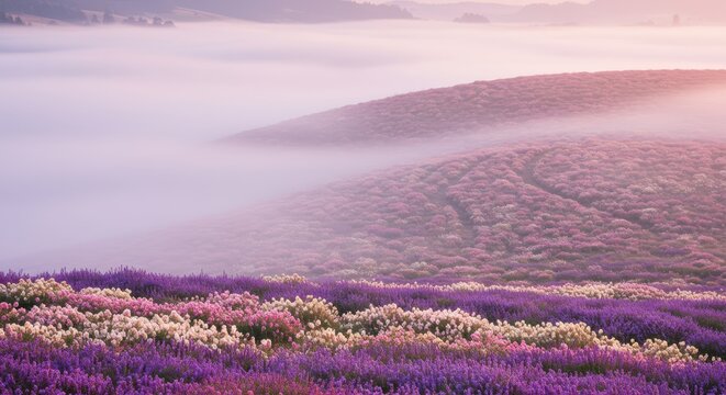 Rolling hills covered in vibrant flowering plants disappear into soft morning fog.