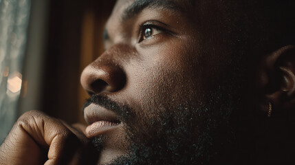 Contemplative young black man looking through window. thoughtful african american male with beard feeling pensive and hopeful for future