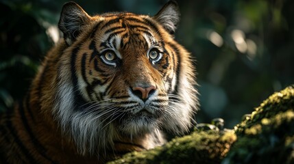 Obraz premium A breathtakingly super realistic nature photograph capturing a powerful and majestic tiger (Panthera tigris) in its natural habitat, perhaps emerging from dense jungle foliage or resting regally on a 