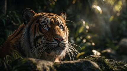 A breathtakingly super realistic nature photograph capturing a powerful and majestic tiger (Panthera tigris) in its natural habitat, perhaps emerging from dense jungle foliage or resting regally on a 