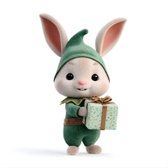 Smiling Cartoon Bunny in Green Elf Costume Carrying a Christmas Gift 