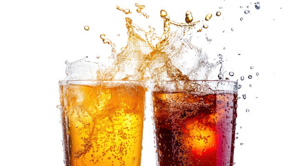 Two glasses of fizzy drinks splashing together isolated on transparent background