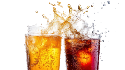Two glasses of fizzy drinks splashing together isolated on transparent background