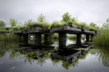 Fototapeta premium A floating flood-resilient street with amphibious foundations and lush wetland vegetation in soft natural light. Elevated floating street with amphibious foundations, reflective water pathways, lush w