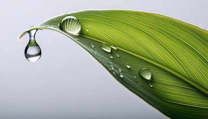 High Detail Close Up Of Water On Green Leaf Edge Against Gray Backdrop Great For Stock