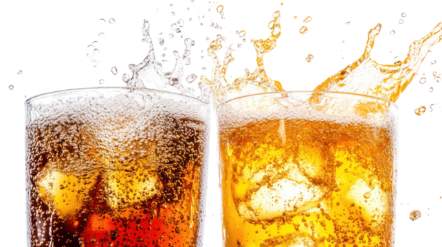 Two refreshing glasses of cola and beer with ice and splashing bubbles isolated on transparent background