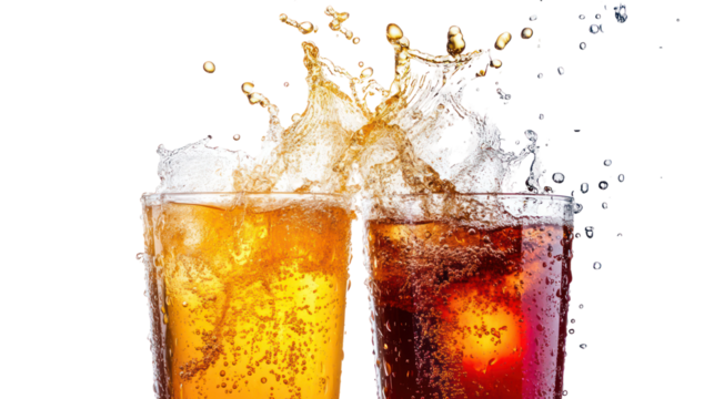 Two glasses of fizzy drinks splashing together isolated on transparent background - Powered by Adobe