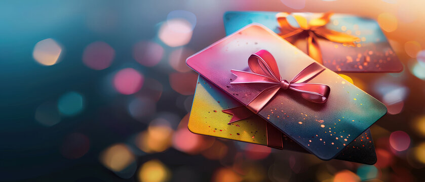 Luxury gift card wrapped with ribbon amid glowing bokeh lights. Elegant festive composition perfect for promotions, holidays, or online store banners.