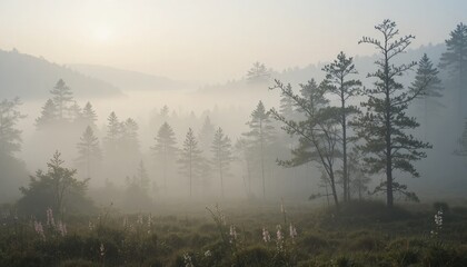 Fototapeta premium Dreamy misty forest at sunrise perfect for wellness retreat ads and nature blogs