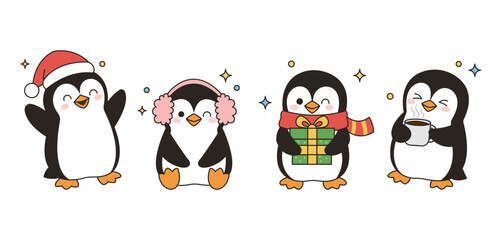 Adorable penguins in winter accessories. Fun seasonal illustration set for holidays and winter themes.