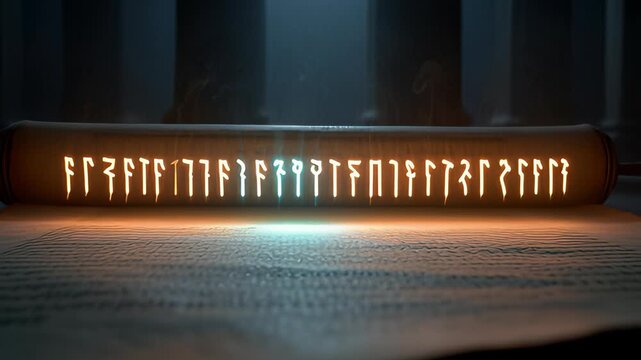 Ancient parchment scroll unrolling on a dark stone altar revealing glowing magical runes and smoke in a cinematic 3D animation.