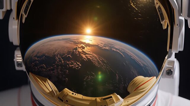 Cinematic astronaut helmet visor reflecting a golden sunrise over a planet in deep space, illustrating futuristic exploration concepts