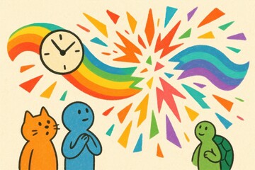 Obraz premium Whimsical illustration with a clock flowing into rainbow waves and abstract figures, symbolizing time, emotion, creativity, imagination, and expressive inner worlds.