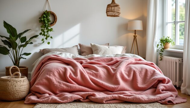 A neatly made bed in a well lit room with a pink duvet and white pillows. There's a cozy vibe to the setting with indoor plants adding a touch of greenery