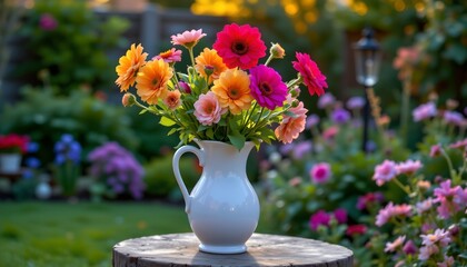 A vibrant garden setting with a vase filled with multi colored flowers as its focal point